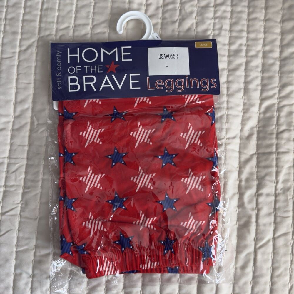 Women’s Patriotic Home Of The Brave Leggings | Red White & Blue Stars | L |USA